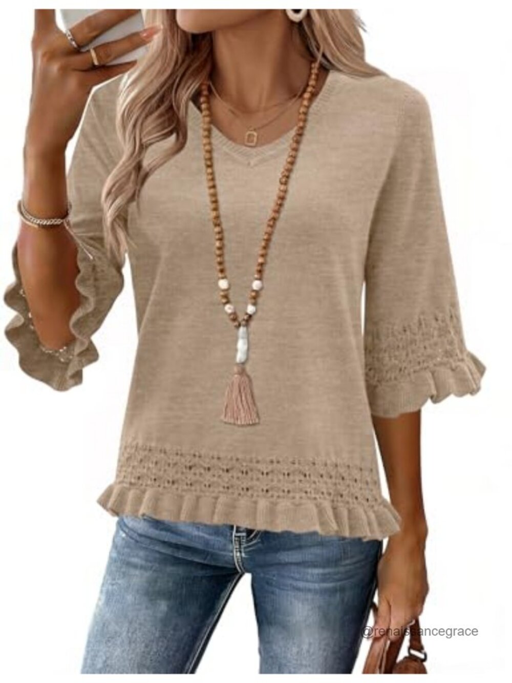 LOMON Womens Peplum Sweater 3/4 Sleeve V Neck Knit Pullover Top